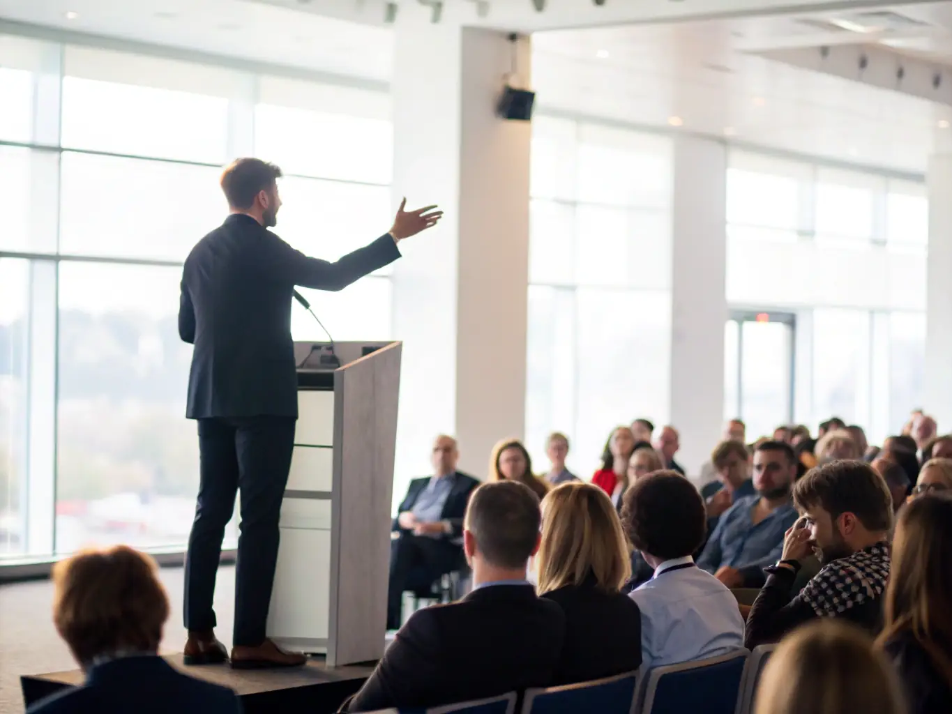 A dynamic photograph capturing a keynote speaker passionately presenting on stage at the Whackgate Business Conference, with engaged attendees in the foreground.