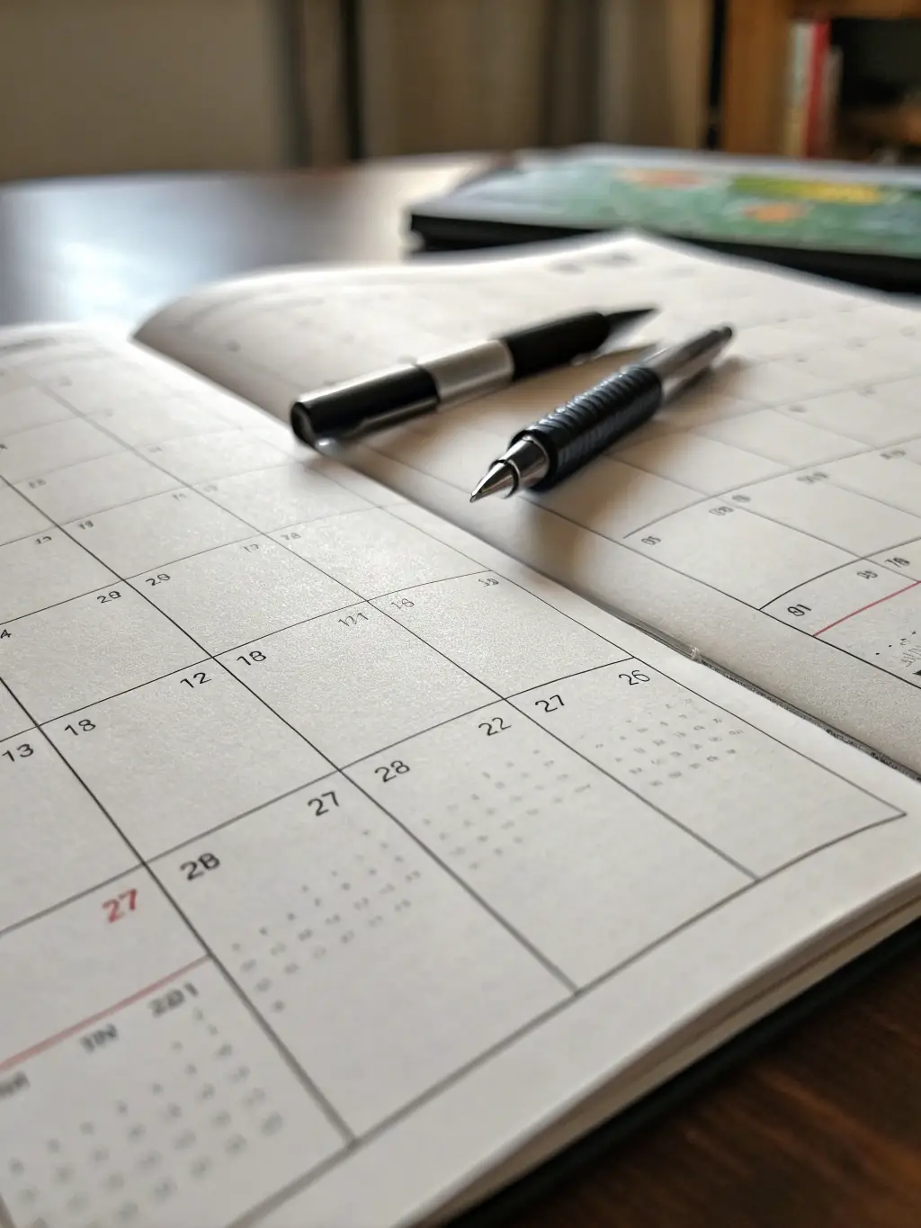 A close-up shot of a calendar page highlighting the conference dates, with a pen marking the specific days to emphasize the importance of these dates.