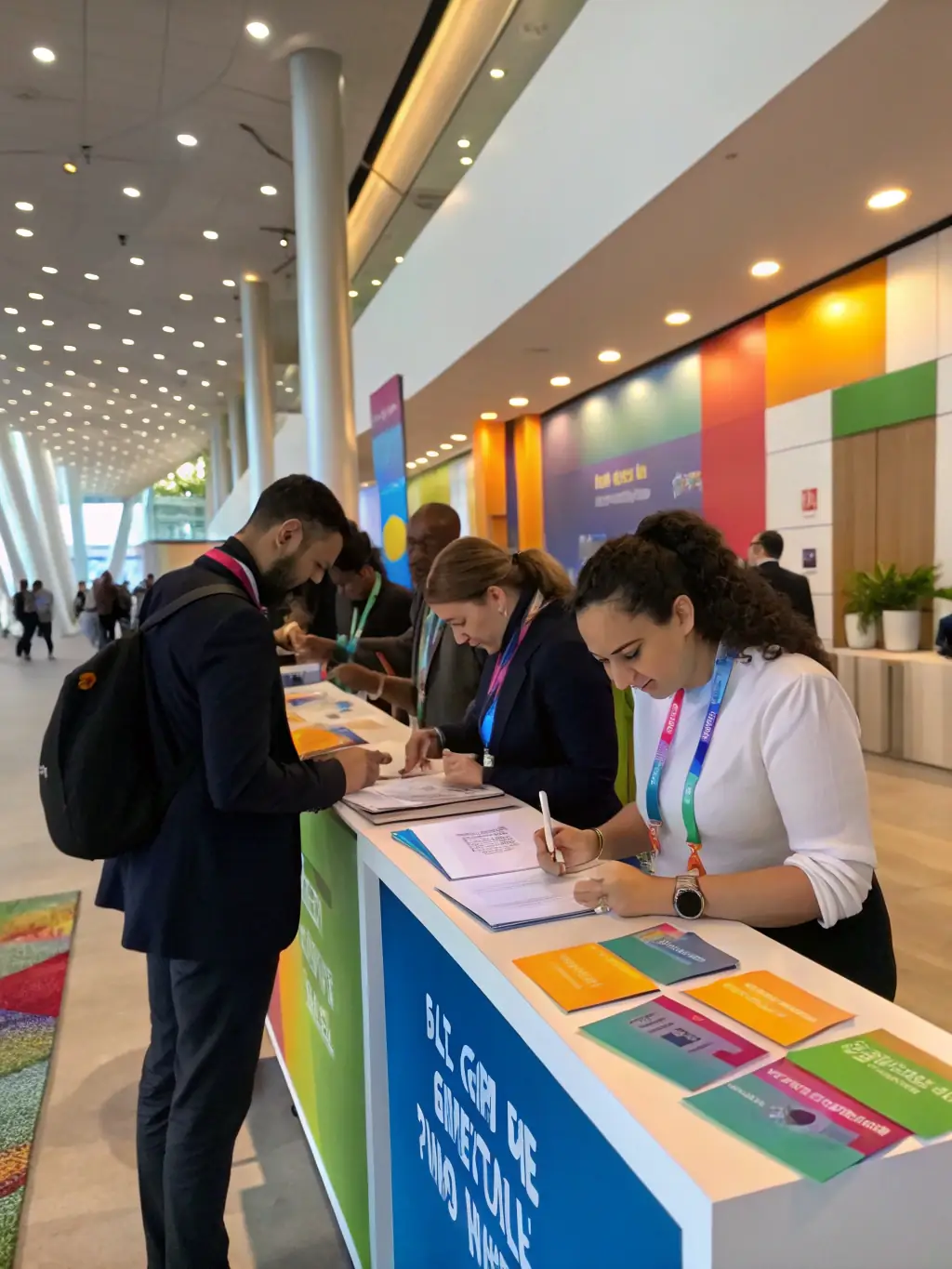 A photograph of a bustling registration desk at a conference, with attendees checking in and receiving their badges, capturing the energy and excitement of the event.