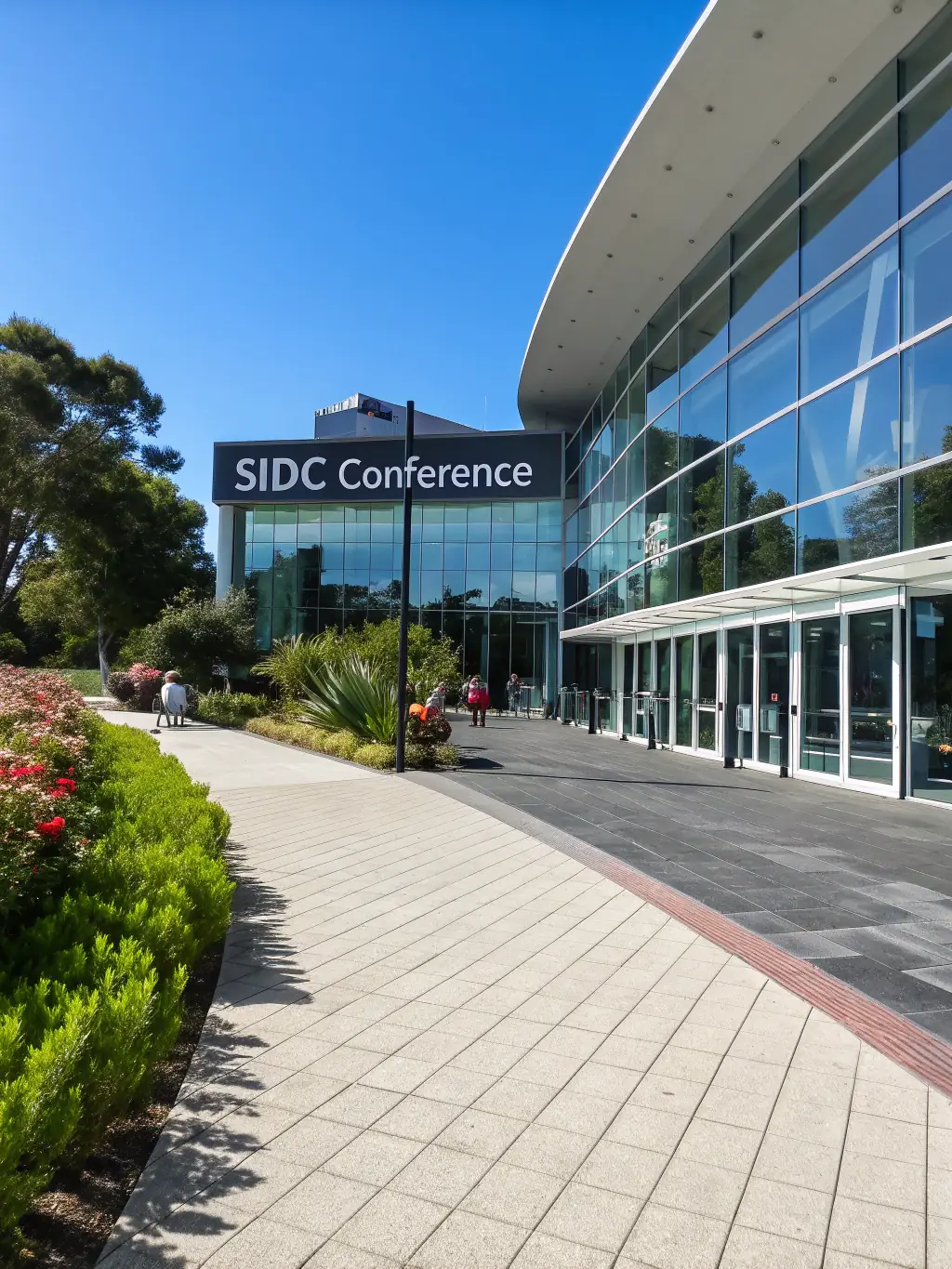 A photograph of the conference venue exterior, showcasing its modern architecture and prominent signage, taken during daylight to highlight its accessibility and professional setting.